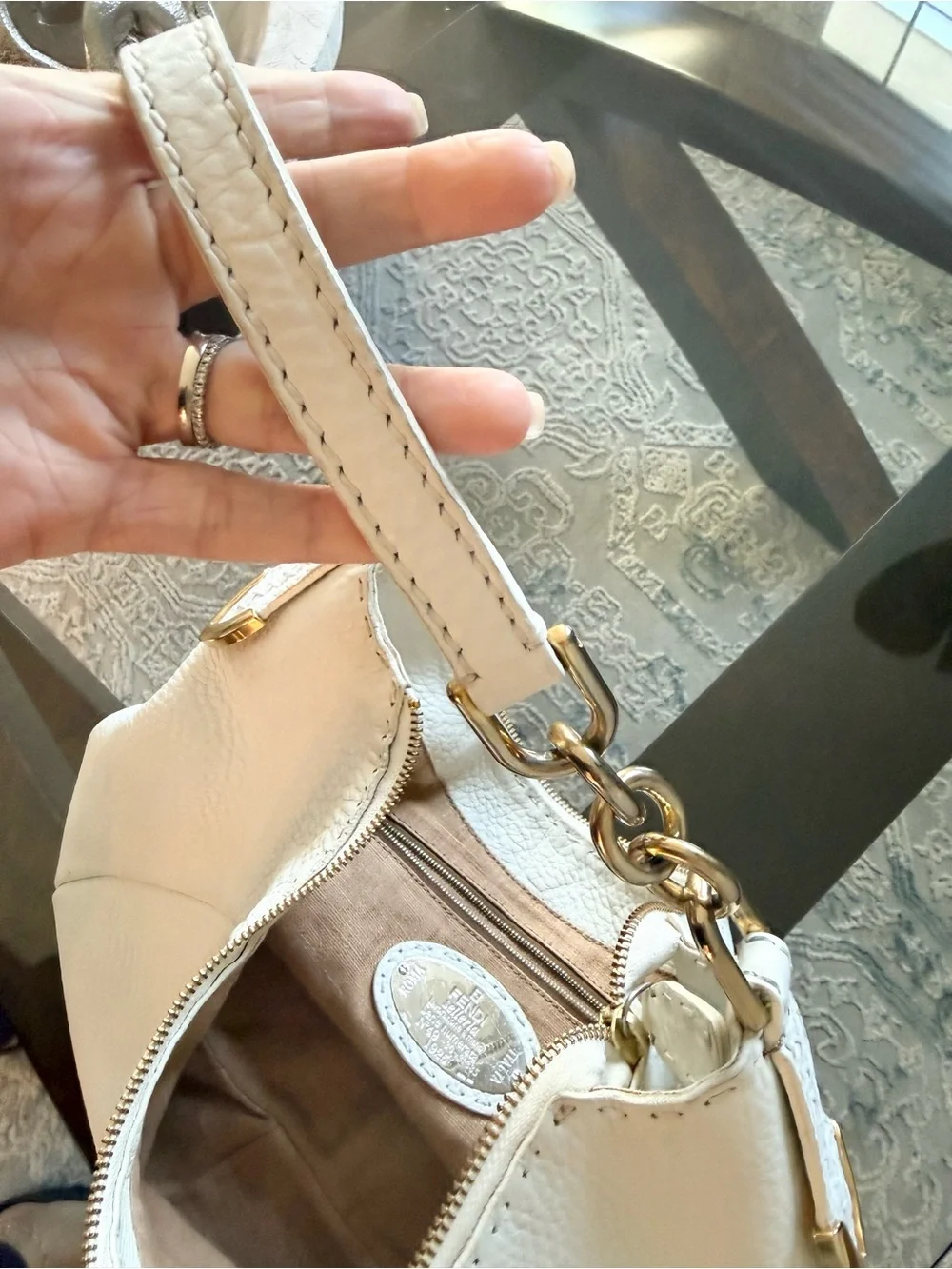 Authentic Fendi Selleria Romano Leather Chain Hobo Bag - Cream/Ivory